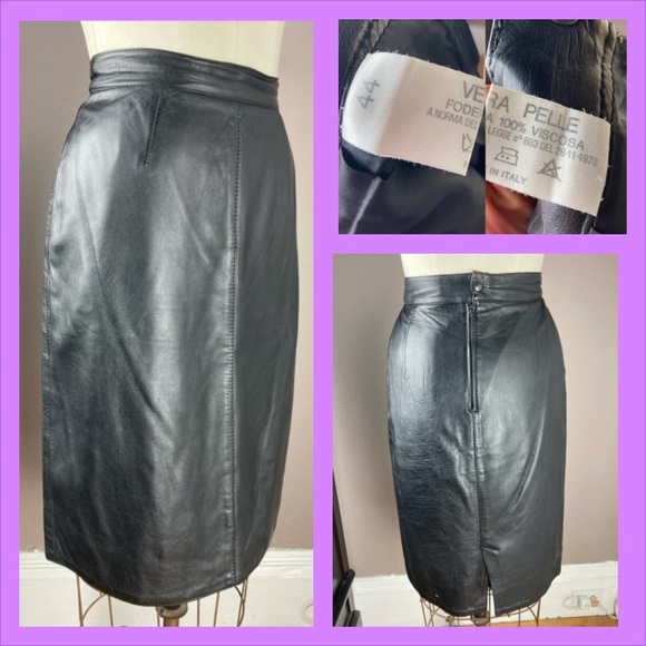 Black Leather Midi Skirt - Made in Italy - 27”W - Picture 1 of 14